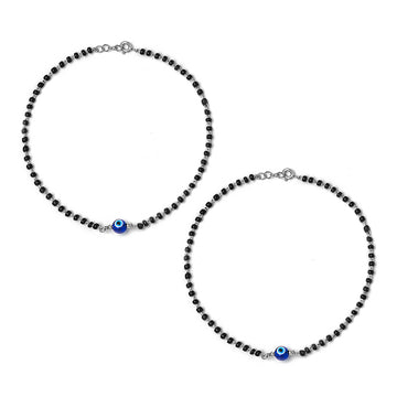 Silver Holy Evil Eye Black Beads Pair Of Anklets