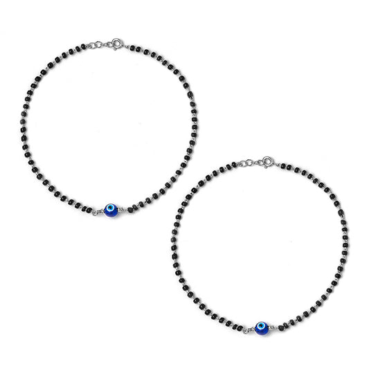 Silver Holy Evil Eye Black Beads Pair Of Anklets