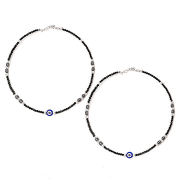 Silver Divine Evil Eye Black Beads Pair Of Anklets