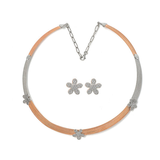 18K Two Tone Rose Gold Silver Floweret Necklace Set