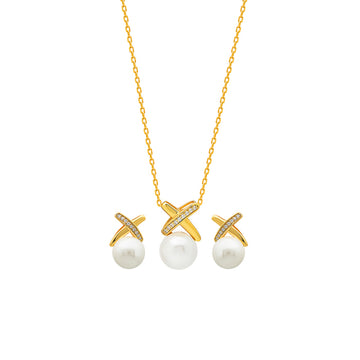 18k Gold Plated Silver Enchanted Pearl Necklace Set